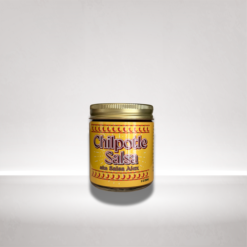 A jar of 'Chilpotle Salsa' by 'salsa alex' with a yellow label and gold lid, centered on a light gray background.