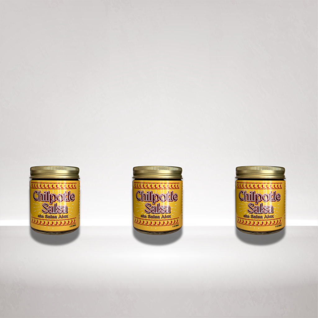Three jars of Chilpotle Salsa arranged side by side on a white surface against a light gray background.