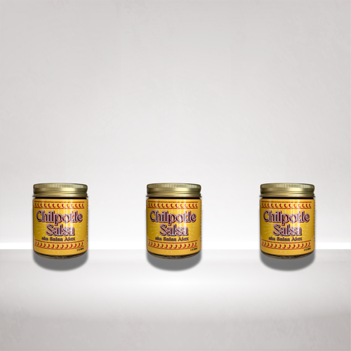 Three jars of Chilpotle Salsa arranged side by side on a white surface against a light gray background.