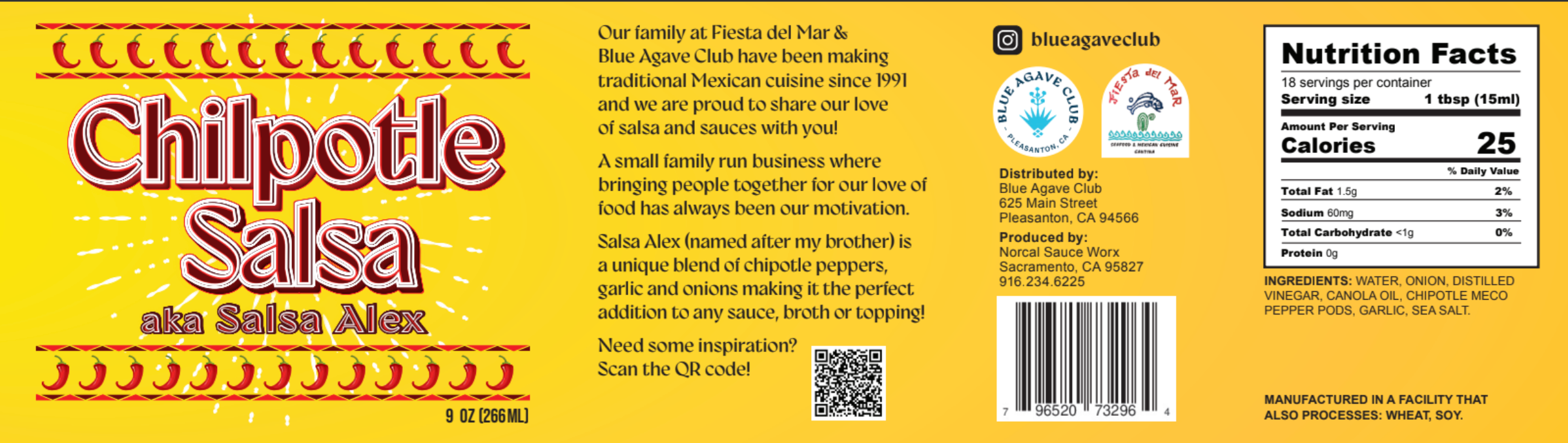 Front and back labels of a bottle of 'Chilpoté Salsa' by Blue Agave Club, featuring a warm yellow background with red and purple text, a nutrition facts panel, and a QR code.